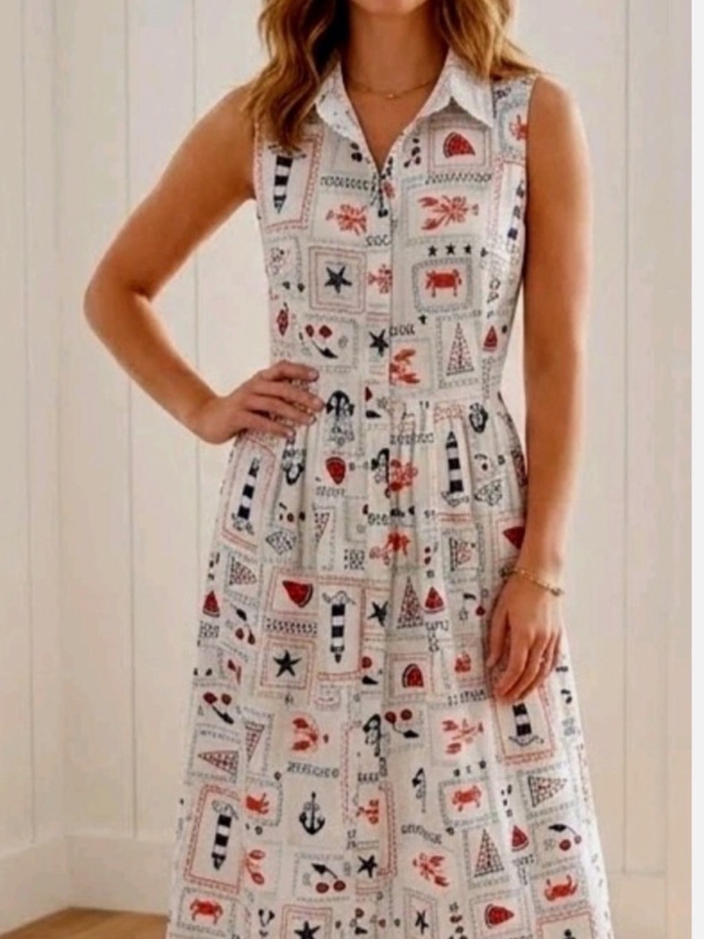 Sleeveless White Nautical Print Shirt Dress